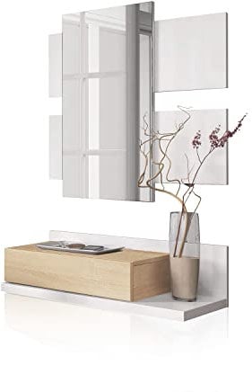 Habitdesign Flur mit Schublade und Spiegel, Eingangsmöbel, Modell Tekkan, Ausführung in Artik White und kanadischer Eiche, Maße: 75 cm (Breite) x 116 cm (Höhe) x 29 cm (Tiefe)