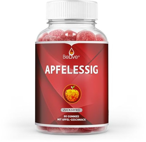 BeLive Apple Cider Vinegar Apfelessig-Gummis - 60 Stück, zuckerfrei, unterstützen Entgiftung, Reinigung & Verdauung. Lecker, vegan, keto-freundlich, nicht gentechnisch verändert, glutenfrei