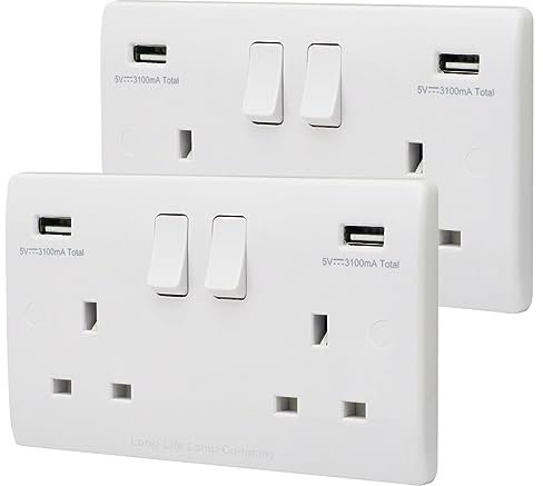 2 Gang 13amp Double Switched Socket UK Plug USB Charging Wall Outlet Pack of 2 USBW2-HE