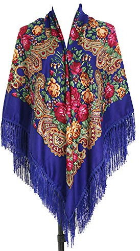 157,5 x 157,5 cm, übergroßer Damen-Schal, traditioneller Retro-Schal mit Quasten, Fransen, floraler Poncho-Schal, bedruckt, Schal, Königsblau
