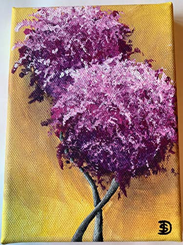 Generisch Acrylbild Blüten in pink/gelb, handgemalt auf Leinwand 13 x 18 cm