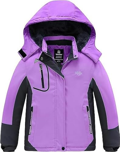 Wantdo Giacca da Snowboard Running Giacca Outdoor Primaverile Cappotto da Escursionismo Outdoor Parka con Cappuccio Antivento Bambina Grigio Scuro e Viola 116-122