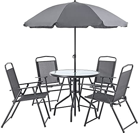 [en.casa] Gartenmöbelset Milagro 6-TLG. Loungeset Sitzgruppe Terasse Sitzgarnitur Tisch 4 Stühle und Sonnenschirm Witterungsbeständig Schwarz Dunkelgrau