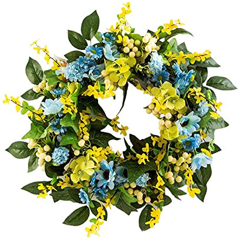 XIGAWAY Künstlicher Winter-Jasmin-Blumenkranz, groß, zum Aufhängen an der Haustür.