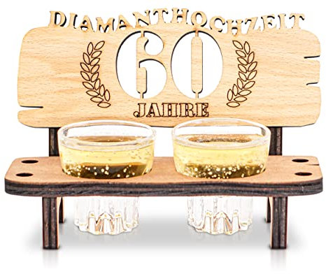 DARO Design - Schnapsbank 60. Hochzeitstag Diamanthochzeit Geschenk Deko für Paare Männer Frauen aus Holz mit Gläsern