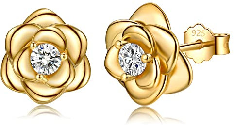 Sterling Silver Stud Earrings for Women, Gold Flower Cubic Zirconia Hypoallergenic Helix Cartilage Earrings Jewelry Gifts for Girls