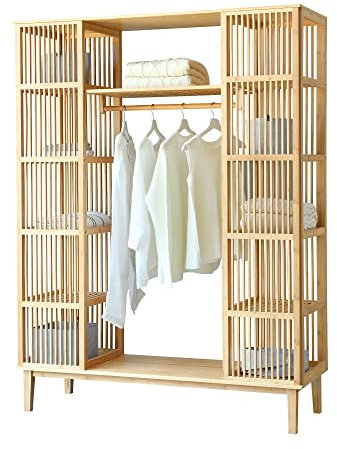 [en.casa] Garde-Robe Solide à 2 Portes Coulissantes Portant avec Étagère Meuble de Rangement 12 Surfaces de Stockage Tringle Bambou 185 x 140 x 45 cm Naturel