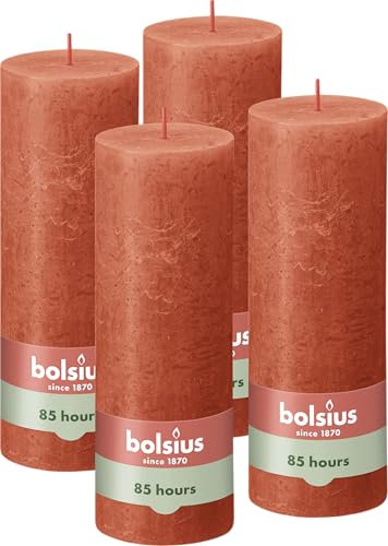 Bolsius Rustik Stumpenkerzen - Orange - 4 Stück - 19 x 7 cm - Dekorative Haushaltkerzen - Länge Brenndauer 85 Stunden - Unparfümierte - Natürliches Pflanzenwachs - Ohne Palmöl