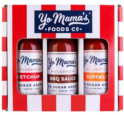 Yo Mama's Foods Juego de regalo de condimentos bajos en carbohidratos | Incluye (1) salsa de búfalo, (1) ketchup clásico, (1) salsa barbacoa | Keto-Paleo | totalmente natural | Sin gluten y hecho de