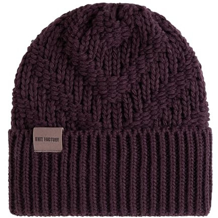 KNIT FACTORY - Sally Mütze - Strickmütze für Damen und Herren - Beanie - Wintermütze mit Wolle - Robusten Look - Hochwertige Qualität - Aubergine