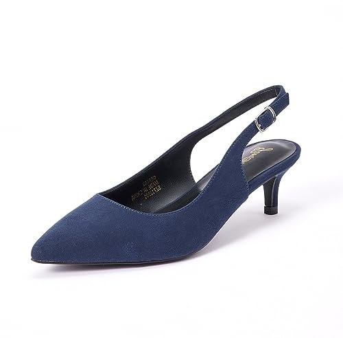 GENSHUO Niedrige Kitten Heels Damen Slingback Dressy Pumps Spitz Geschlossene Zehenpartie Knöchelriemen Elegante Hochzeitspumps Formelle Bequeme Schuhe, Dunkelblaues Wildleder, 38.5 EU
