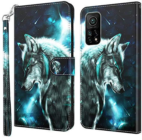 GLANDOTU Handyhülle für Xiaomi Mi 10T Pro/Xiaomi Mi 10T Lederhülle [Standfunktion] [Magnetverschluss] Stoßfest Flip PU Leder Cover Case Klapphülle Xiaomi 10T Pro Schutzhülle -Wolf