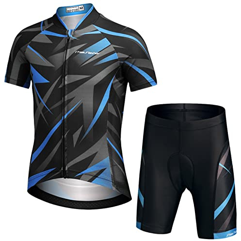 Amur Leopard Completo da Ciclismo Bambini Unisex Maglia a Manica Corta + Pantaloncini Imbottiti Abbigliamento della Bicicletta per Ragazzi, Nero + Blu, XL/10-11 Anni