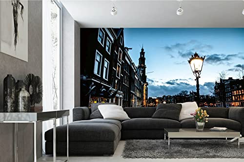 Vlies Fototapete AMSTERDAM IN DER NACHT 375 x 250 cm (inkl. Kleister) - Vlies Tapete, Wandtapete, Wandbilder - Tapete für Wohnzimmer Schlafzimmer, Büro, Küche - Montagefertig