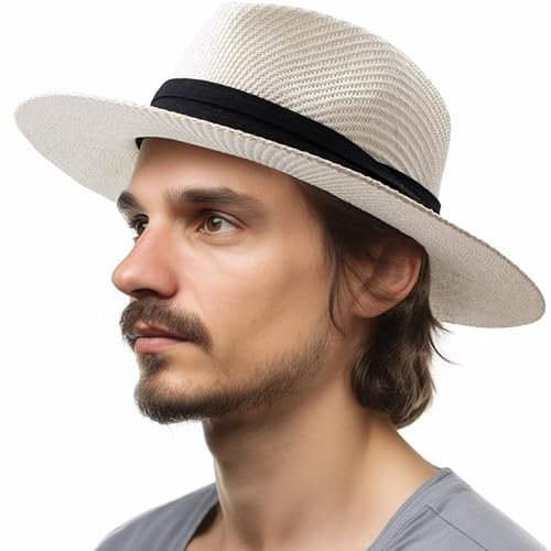Chapeau Panama Fedora pour homme Chapeau de paille Chapeau de soleil à large bord, blanc, M/L