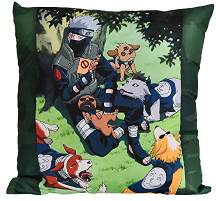 Elbenwald Naruto Kissen mit Kakashi und Ninken Motiv für Anime Fans Herren Damen Unisex 40 x 40 cm grün