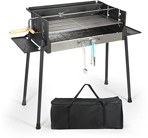 Extra Large Charcoal BBQ Grill with Offset Smoker, Portable and Adjustable - Ideal for your next cookout - Includes 2 Foldable Side Tables and Material Table - Black