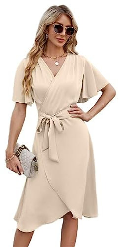 Damen Midi-Kleid mit Glocke, kurzärmelig, V-Ausschnitt, fließend, geteilter Saum, Sommer, Freizeitkleider mit Gürtel, aprikose, Small