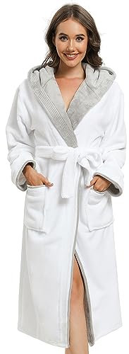 vislivin Bademantel Damen mit Kapuze Flauschig Bademantel Lang Warm Morgenmantel Fleece Robe Women White M