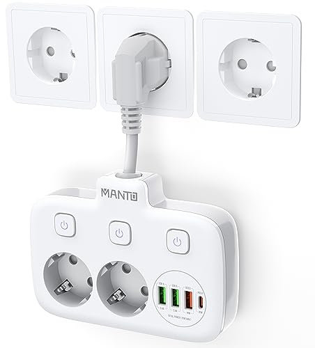 MANTO Regleta 6 en 1, 2 Tomas Schuko y 4 Puertos (USB-C PD 20W, USB-A QC 18W), Interruptores Independientes, Protección contra Sobretensiones, Ideal Hogar y Oficina...y