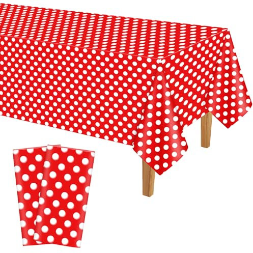 PLULON 2 Stück rot-weiß Gepunktete Tischdecke aus Kunststoff, 137 x 274 cm, rechteckige rote Tischdecke für Hochzeit, Geburtstag, Babyparty, Party, Picknick, Zuhause, Esstischdekoration