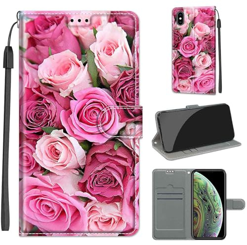 KENHONER Wallet Case for iPhone X/XS, leaves and roses | PU Leather Shockproof Protective, Kickstand, Flip Wallet, Magnetic Closure,Lanyard
