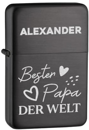 Geschenke für Papa Sturmfeuerzeug Anthrazit mit Gravur - Benzinfeuerzeug zum Vatertag - zum Geburtstag, Jubiläum und Weihnachten - windfestes Outdoor Feuerzeug zum wandern, jagen und campen