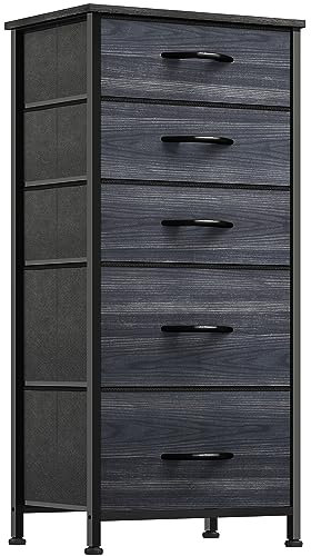 YITAHOME Chest of Drawer Bedroom with 5 Drawers Storage Unit Steel Frame Wood Top Fabric Dresser for Bedroom Living room,Closet,Black wood grain