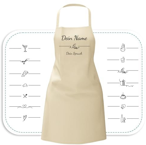 Schürze personalisiert mit Motiv & Wunschtext bestickt - Individuell personalisierte Kochschürze aus hochwertiger Baumwolle als besonderes Geschenk (Beige)