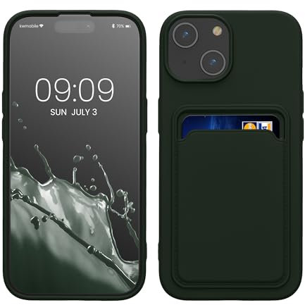 kwmobile Case Compatible with iPhone 15 Case - TPU Phone Cover with Credit Card Holder - Dark Green