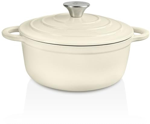 Trustmade Dutch Oven Schmortopf aus Gusseisen, emaillierter Kochgeschirrtopf mit selbstbefüllendem Deckel für Zuhause, zum Backen, Schmoren, Kochen, Weiß