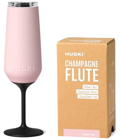 Huski Champagne Flute | New | Award-Winning Design with Detachable Stem | Premium Stainless Steel Champagne Glass with Lid | Triple Insulated Tumbler | 240ml Capacity | Great Gift (Powder Pink)