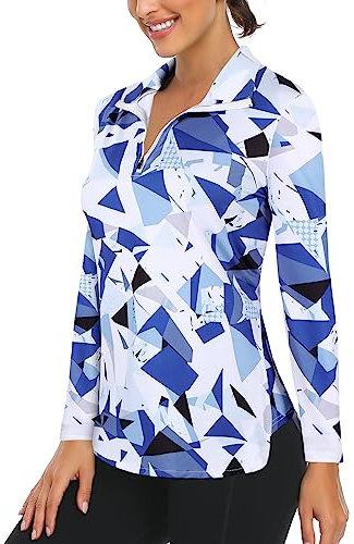 Gemulate Long Sleeve Sports Tops for Womens Ladies Golf Polo Shirts UPF50+ Half Zip Workout Running top K-Light Blue XL