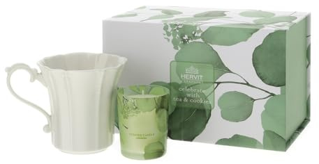 Hervit Set Candela Profumata con Tazza Mug in Porcellana in Box Regalo Botanic - Scatola Regalo con Tazza da Te 270ml e Candela al Biscotto 70gr - 4 colori differenti (Verde)