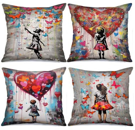 Tucocoo Dekorative Kissenbezüge mit Graffiti-Kunst, Motiv: kleines Mädchen und Schmetterling, Moderne Dekoration für Couch, Bett, Auto, Terrasse, Möbel, Bank, Sofa, 45 x 45 cm, 4 Stück