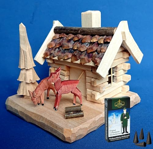 Kunststube Marienberg - Räucherhaus mit Zapfendach & 2 Rehe geschnitzt auf Sockel - Feine Handarbeit aus dem Erzgebirge - inklusive Räucherkerzen