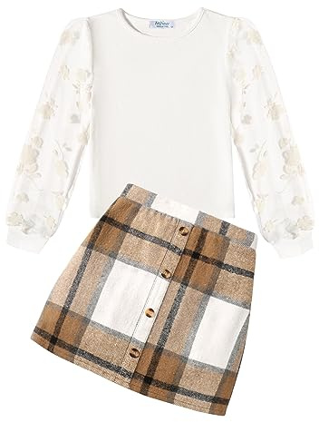 Arshiner Filles Ensembles Élégant Hauts à manches longues avec Jupe en Plaid Enfants Ensemble Mode Tenue Automne Hiver Vêtements Set pour Fille 5-13 ans