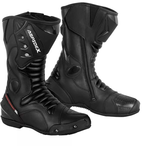 ASPIDEX Stivali da corsa per moto da uomo Scarpe impermeabili lunghe in pelle da moto (Nero, Sistema Taglie Calzature EU, Adulto, Numero, Media, 41)