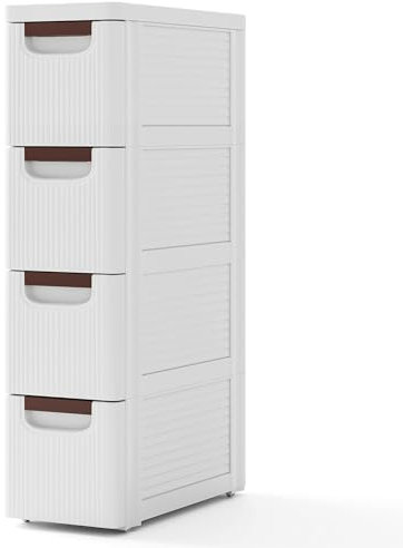 COSTWAY Slim Bathroom Floor Cabinet, Mobile Narrow Bathroom Storage Unit with 3/4/5 Drawers and Wheels, Freestanding Compact Cupboard Organiser for Living Room Bedroom (4-Drawer, White)