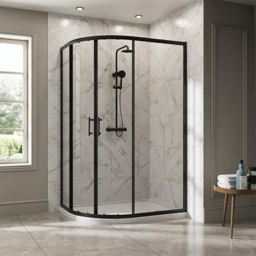 NRG 1200 x 800mm Matte Black Framed Offset Quadrant Shower Enclosure Sliding Door for Wet Room Cubicle Enclosures