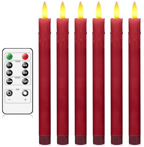 AnnSpa LED Kerzen mit Fernbedienung Batteriebetriebene, 6 Stück Mit Langem Stab Dochtlose Stumpenkerzen Heimdekoration Lange Konisch Kerzenhalter, LED Stabkerzen mit Timerfunktion - Rot