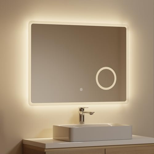 EMKE Badspiegel mit Beleuchtung 80x60cm, Touch, 3 dimmbare Lichtfarben, Beschlagfrei, 3-Fach Kosmetikspiegel, energiesparend IP44 einfache Installation Badezimmerspiegel
