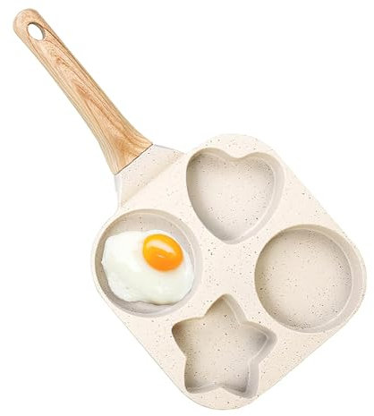 JUSTUP Nonstick Egg Frying Pan, 4-Cup Star Divided Grill Pan Omelet Pan, 7 Inch Pancake Pan with Heat Resistant Handle, Pancake Pan Breakfast Skillet for Eggs, Bacons, Pancakes and Burgers (White)