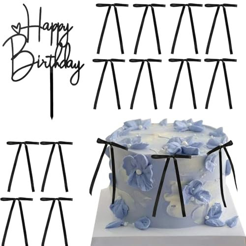 Catelves Schwarz Happy Birthday Tortendeko Schleifen für Torte, 21 Stück Schwarze Schleifen Deko Torte, Tortendeko Geburtstag, Cake Topper Hochzeit, Kuchendeko Geburtstag, Torten Deko für Babyparty