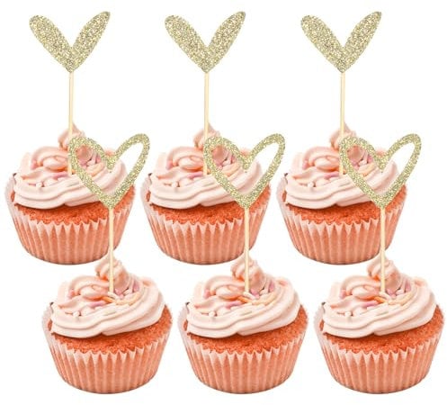 24 Pcs Glitter Wedding Cupcake Toppers, Gold Glitter Cupcake Topper Sticks for Love Theme Wedding Engagement Bridal Shower Party Cake Decoration