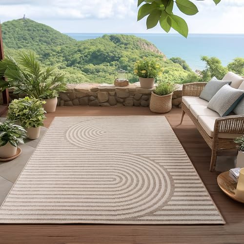 HomebyHome Outdoor Teppich Beige 160x230 cm Wetterfest UV-beständig Pflegeleicht Skandinavisches Boho Design für Küche Balkon Terrasse Garten Wohnzimmer