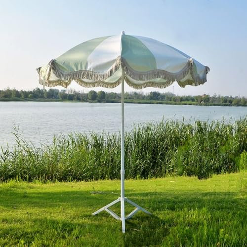 YCYHZC Parasol De Plage À Franges, Parapluie De Soleil Style Bohème, 180cm Hauteur Réglable Pare-Soleil De Jardin pour Terrasse Piscine(Green)