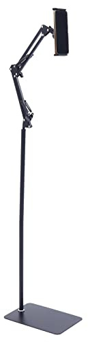 Soporte de suelo para tablet de acero al carbono, giratorio 360° y altura regulable (4,7 – 7 pulgadas), pie estable con base de silicona antideslizante, ideal para oficina en casa, cocina y fitness