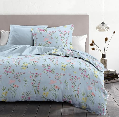 Duvet Cover Set 240 x 260 cm – 3 Pieces – Soft Cotton Percale – Duvet Cover + Pillowcases – Pastel Blue – Flamboyante Model