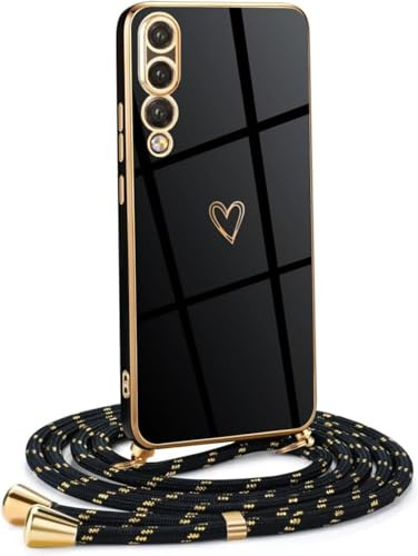 YAMCCCSE Handykette für Huawei P20 Hülle mit Band,Stoßfeste Silikon Handyhülle mit Love Herz Galvanik Kordel Schutzhülle,Frauen Mädchen Huawei P20 Hülle mit Band,Schwarz Gold